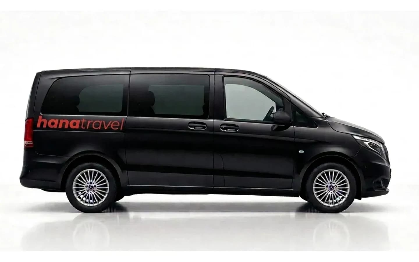 Antalya Airport Mercedes-Benz Vito VIP transfer Side view of a black Mercedes-Benz Vito VIP on a white background for Antalya Airport transfers.