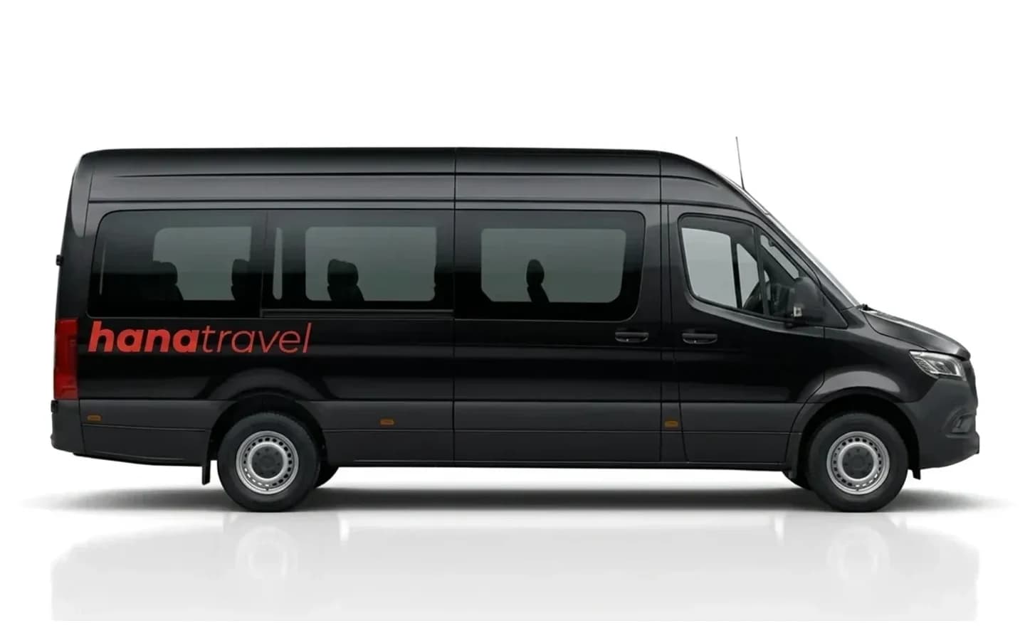 Mercedes-Benz Sprinter 516 airport transfer Side view of a black Mercedes-Benz Sprinter 516 on a white background for Antalya Airport transfers.