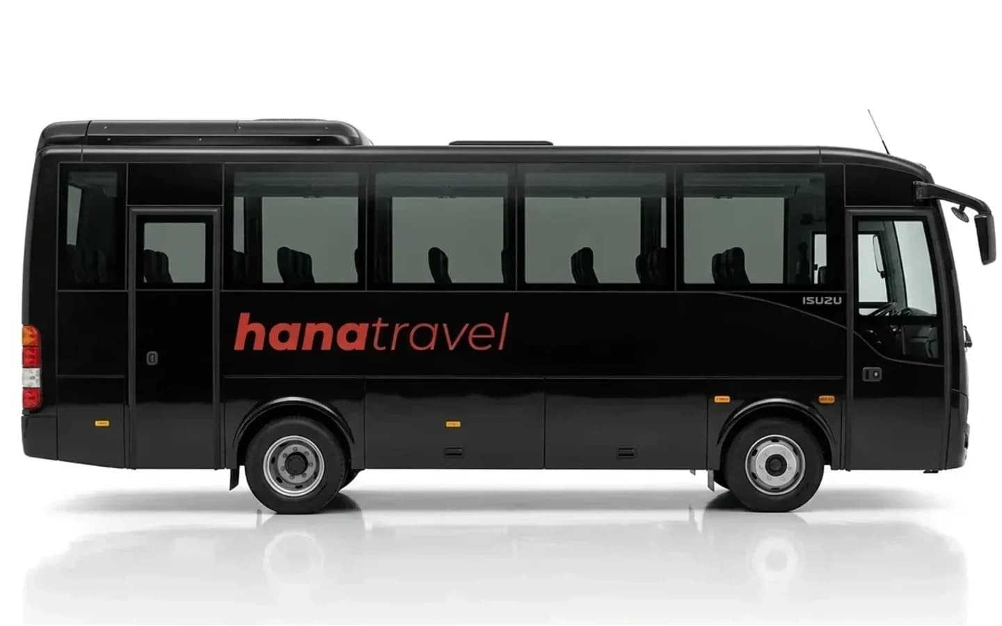 Isuzu Novo Ultra for Antalya Airport transfers A side view of a black Isuzu Novo Ultra minibus on a plain white background.