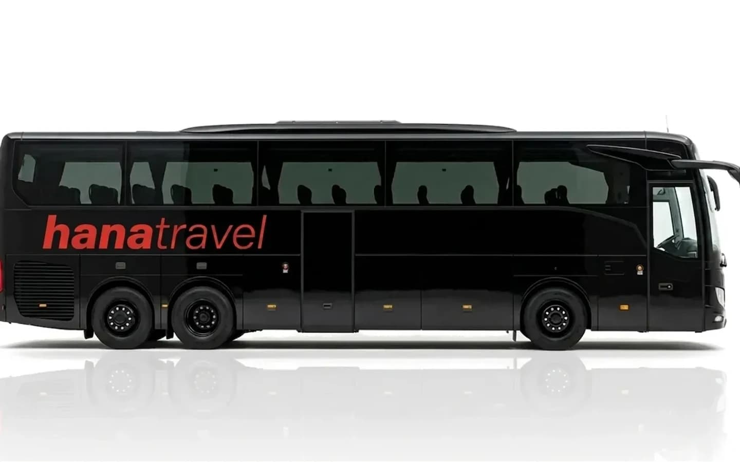 Mercedes-Benz Tourismo for airport transfers Side view of a black Mercedes-Benz Tourismo for Antalya Airport transfers on a white background.