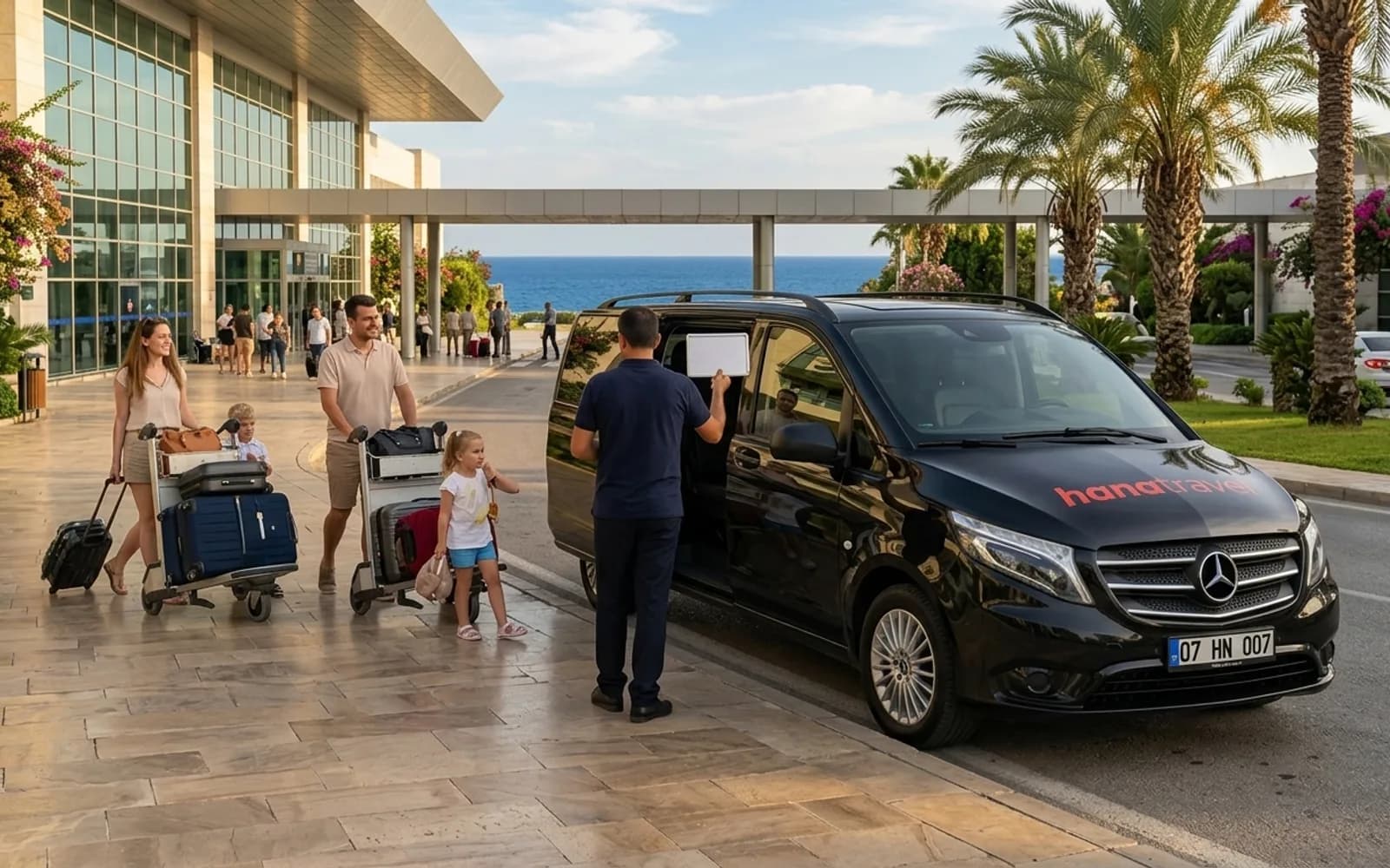Your name on the board, the car at the kerb Driver with a name board greeting a family beside the black Hana Travel Vito outside Antalya Airport arrivals — Antalya airport transfer