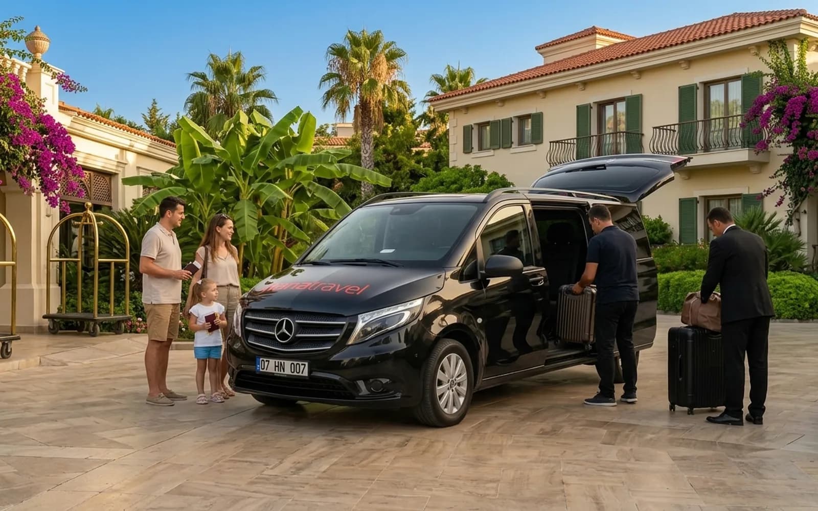 From the hotel door to departures Driver loading suitcases into the black Hana Travel Vito at a hotel entrance in soft morning light, a porter bringing the last bag, before the ride to Antalya Airport — Antalya hotel transfers